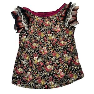Diesel Floral Ruffle Sleeve Top Womens Small Black Pink Plaid Lace Grunge Punk